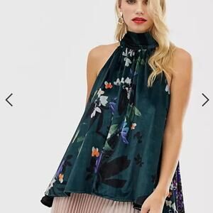 French Connection Lisette Olivier Floral Velvet Halterneck Tie Open Back top